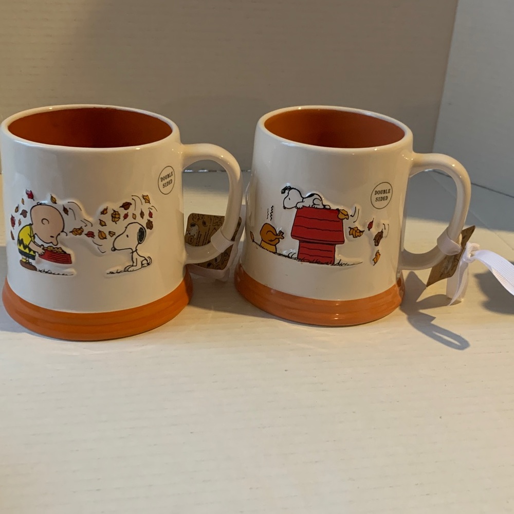 Rae Dunn Snoopy Peanuts Be Giving & Give Thanks Mugs - White and Orange